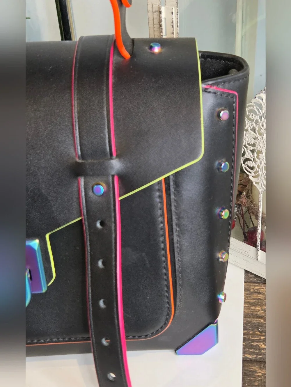 Michael Kors Manhattan Medium Black Leather Satchel Neon Oil Slick